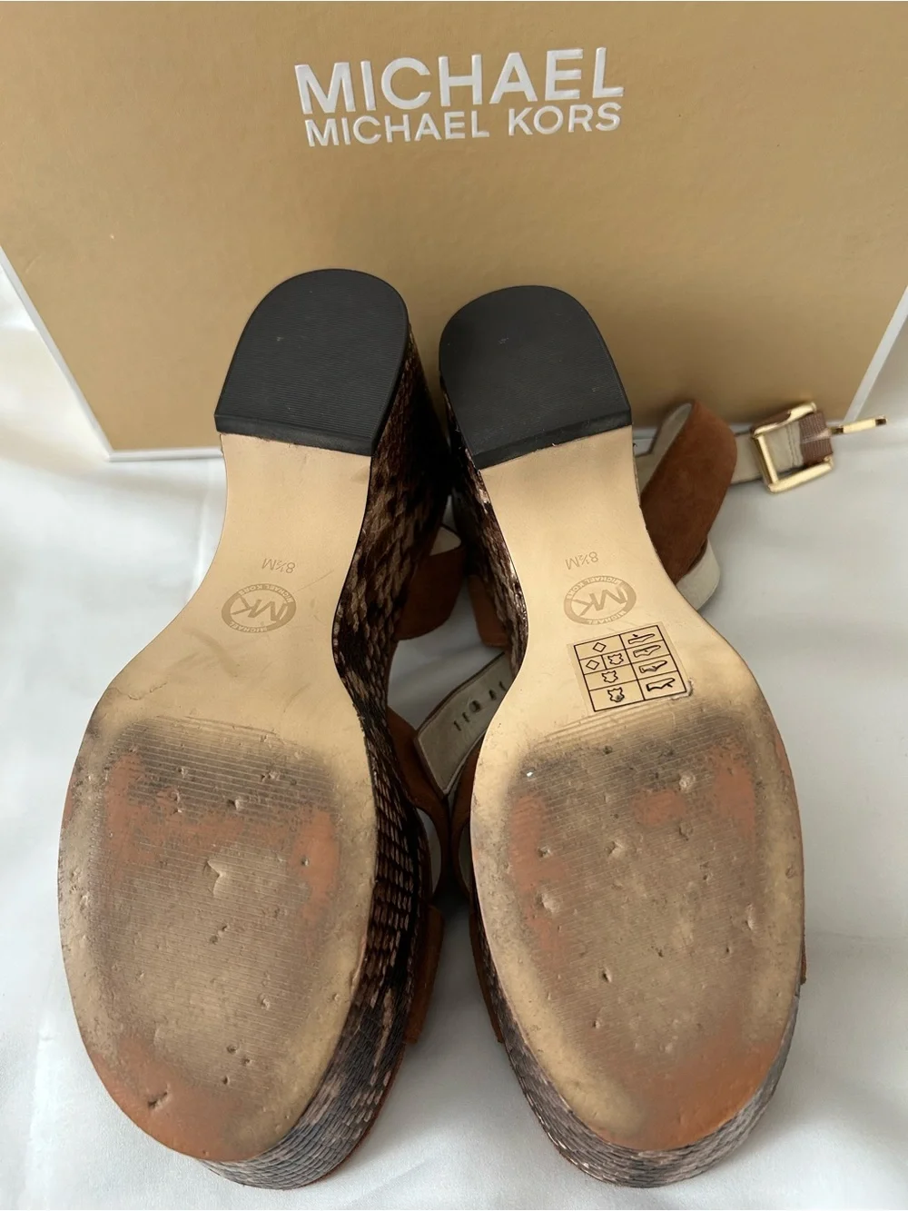 🤎Michael Kors🤎Brown Suede w/Python Print ~ Crisscross Wedge Flatform Sandals EUC